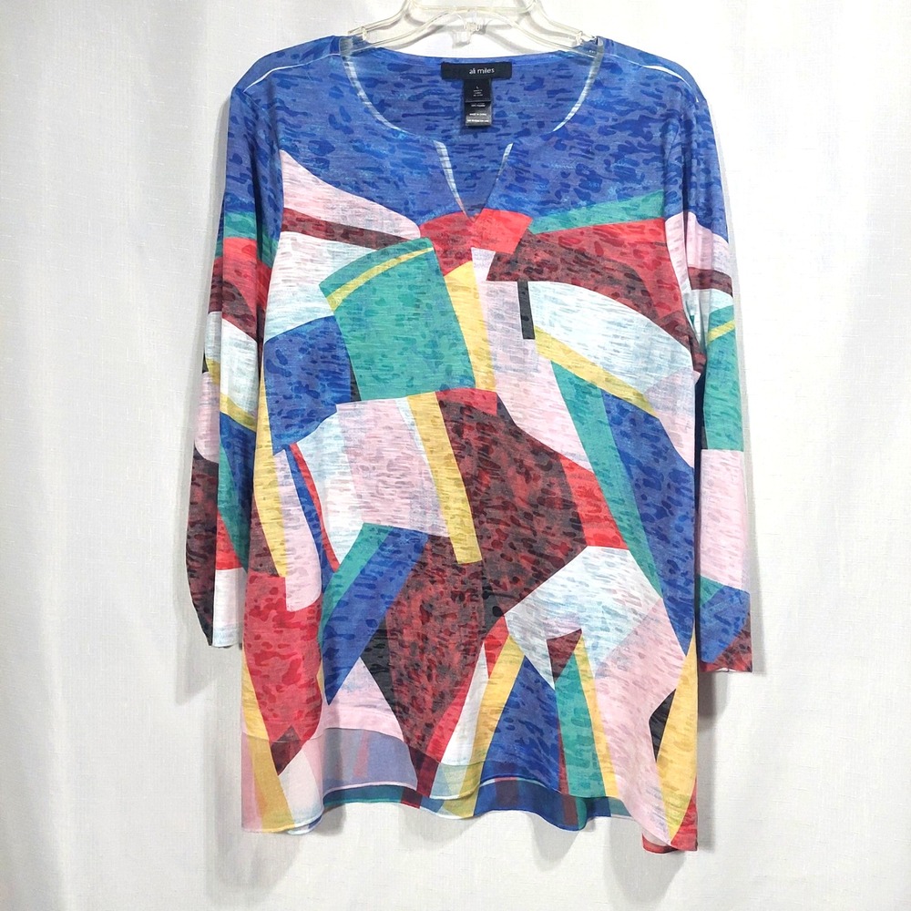 Ali Miles Womens Large Abstract Blouse Top Wearable Art 3/4 Sleeve Split Neck